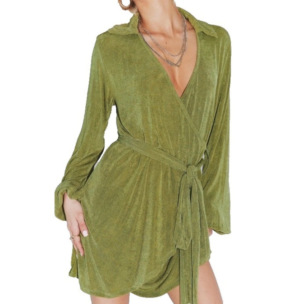 Princess Polly Wrap Mini Dress Sz 0 Green Balloon Sleeve Collared‎ Deep Vneck